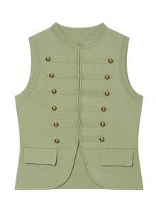 Women's Vintage Military Style Knitted Vest, Front Button-Up Zipper Design, Sleeveless Top - Green - View 4