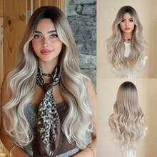 7JHH WIGS Wig Keriting Bergelombang Panjang untuk Wanita 26 Inci Wig Bergelombang Longgar Belahan Tengah Poni Tirai dengan Akar Gelap, Sintetis Tahan Panas dan Mengembang untuk Pemakaian Sehari-hari, Pesta Festival Musik (Abu-abu, Pirang, Cokelat) - MultiWarna - View 13