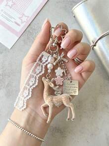 Deer-Shaped Keychain Pendant, Lace Pearl Bow Bag Charm, Korean Sweet Style Backpack Hanging Chain, Gift, Perfect Gift For Weddings, Birthday Parties And Christmas - Multicolor - View 4