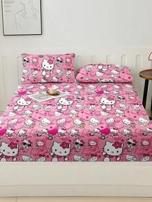 Sanrio 2/3pcs Hello Kitty Bedding Set, Cute Cartoon Print Bedding, Mattress Protector, Bed Cover, Bed Sheet, Comfortable Home Textile, Breathable Anti-Pilling Mattress Protector, Home Decor, Suitable For All Bed Sizes - Double, Full, Queen, King, All Seasons, Dust-Proof Bed Cover, Machine Washable - Fashionable Rose Red KT - View 9