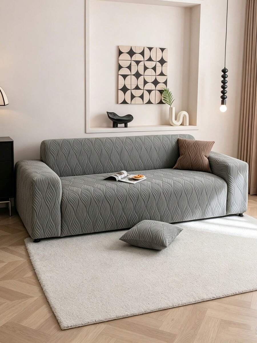 Thickened One-Piece Pleated Jacquard Sofa Cover, European Home Style, 1/2/3/4 Seat Sofa Protector, With Elastic Bottom And Binding - Grey - View 1