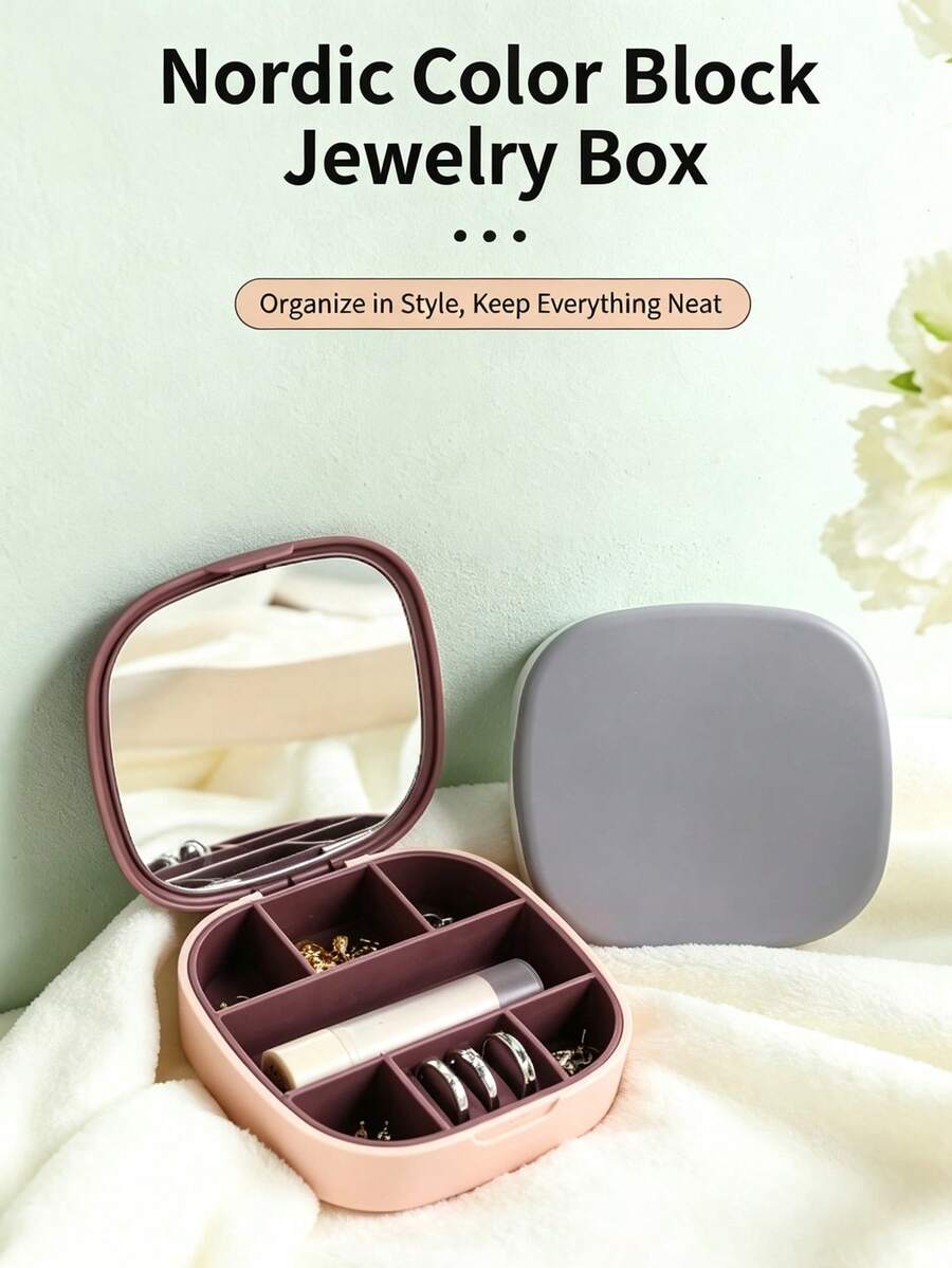 Portable Multi-Compartment Jewelry Storage Box With Makeup Mirror, Can Store Rings, Earrings, Bracelets, Etc., Essential For Daily Use And Travel - Multicolor - View 1