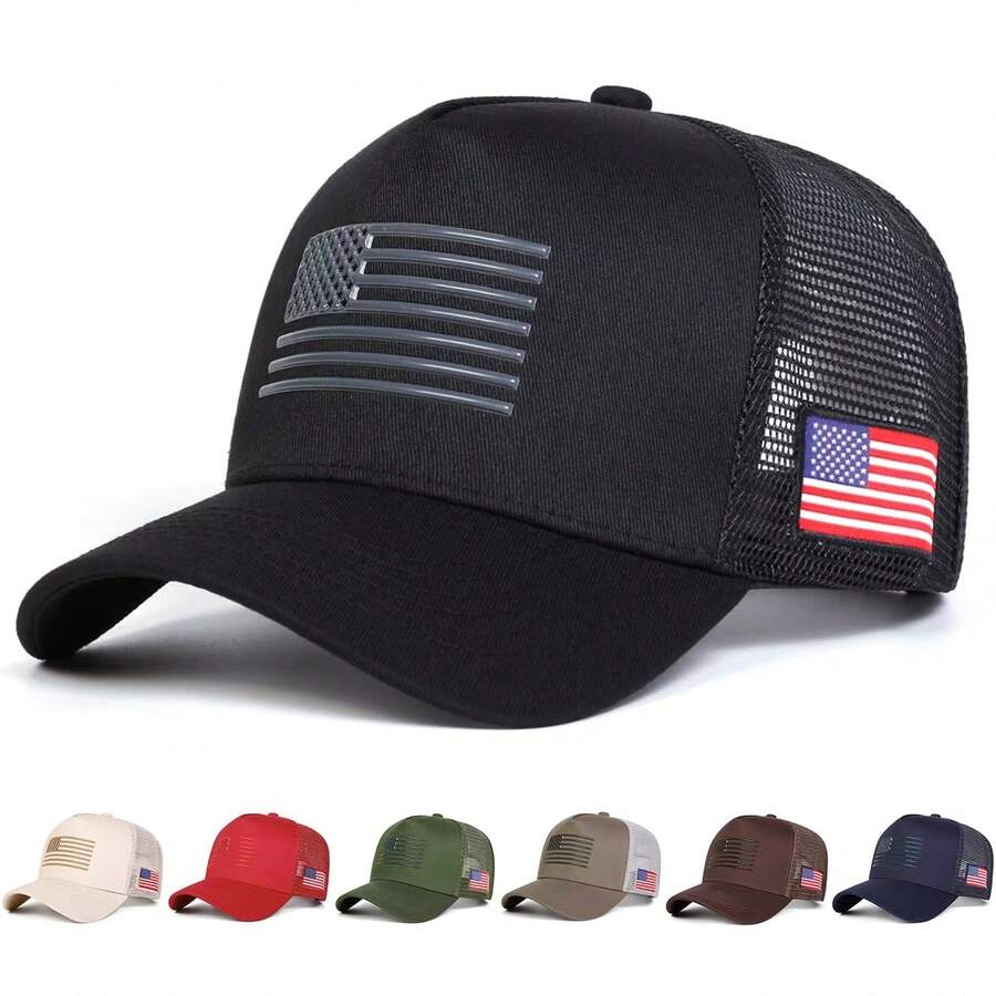 1 Stück Herren Amerikanische Flagge LKW Fahrer Mütze, personalisierte bedruckte Baseballkappe, Streetwear Mode Mesh Kappe, Outdoor Sonnenschutz Casual Hut, geeignet für Frühling, Herbst, Reisen, Strand, Sommer, Feiertage - Verschiedenfarbig - Übersicht 1