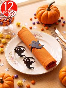 12pcs White Ghost Napkin Rings, Minimalist Creative Metal Napkin Buckles, Paired With Orange 45cm Napkins, Suitable For Birthday, Wedding, Thanksgiving, Christmas, Easter, Halloween, Banquet, Buffet Table Elegant Minimalist Decoration - Multicolor - View 12