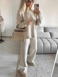 Fashionable Minimalist Women's Mid-Stretch Ribbed Knit Loose Sweater And Knit Pants Set, Perfect For Creating Comfortable Autumn/Winter Looks, Knitted Knit Set, Oatmeal Color - Khaki - View 2