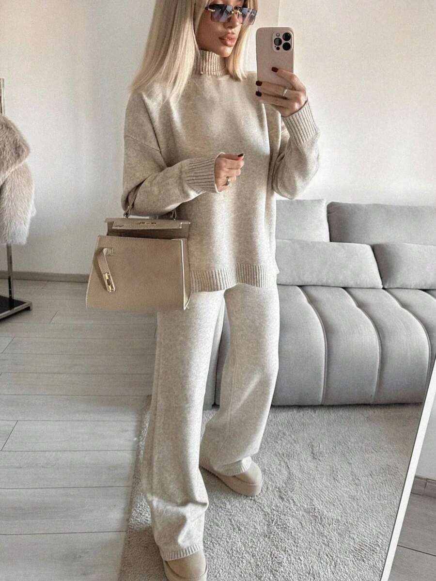 Fashionable Minimalist Women's Mid-Stretch Ribbed Knit Loose Sweater And Knit Pants Set, Perfect For Creating Comfortable Autumn/Winter Looks, Knitted Knit Set, Oatmeal Color - Khaki - View 1