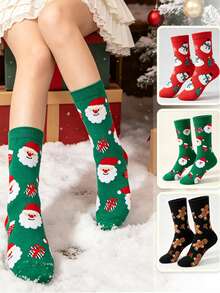 4 Pairs Christmas Theme Cartoon Mid-Calf Socks For Women Red Reindeer Snowman Gingerbread Man Christmas Tree Jacquard Cotton Socks Festive Atmosphere Versatile Celebration New Year Slouch Socks - Multicolor - View 9