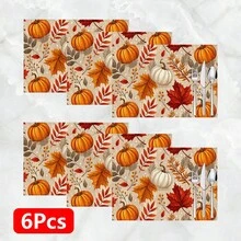 1pc/4pcs/6pcs Pumpkin Pattern Printed Linen Placemats, Rectangular Table Mats, Washable, Easy To Clean, Plate Mats, Bowl Mats, Western Style Dining Mats, Suitable For Kitchen, Dining Room, Home Gatherings, Coffee Table And Daily Table Decor - Multicolor - View 12