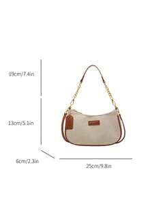 Women's Shoulder Bag, Canvas Material Solid Color Bohemian Style Handbag, Gold Chain Zipper Design, Casual Daily Wear, Suitable For Spring And Summer - Brown - View 8