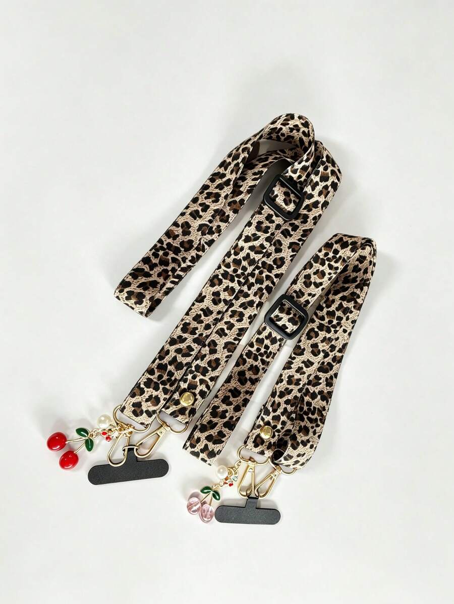 Langes Handy-Lanyard, verstellbarer Crossbody Handy-Gurt, Reise- und Wander-Handy-Lanyard, praktisches Handy-Tragen, mit Handy-Pad, Kirsch-Anhänger-Dekoration, breiter gewebter Gurt mit Leopardenmuster, kein Hals-Einschnüren, bequemes Schulter-Tragen - Verschiedenfarbig - Übersicht 1