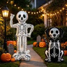 Juego de 2 globos de lámina de esqueleto de Halloween, globos de película de poliéster de esqueleto de pie y perro esqueleto, accesorios fotográficos espeluznantes para decoración de fiesta de Halloween, decoración de patio interior y exterior de Halloween, suministros de cumpleaños y Trick or Treat - Esqueleto plateado de pie + perro esqueleto - Ver 7