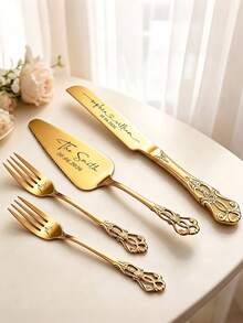 Custom-Designed Vintage Cake Cutting Set, Engraved Stainless Steel Cake Server (Gift Box), Personalized "Mr & Mrs" Cake Fork Set, Unique Wedding Gift - Multicolor - View 4