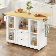 Kitchen Island On Wheels With Foldable Countertop, Freestanding Kitchen Cabinet, Serving Trolley With Storage, 2 Drawers, Spice Rack, Towel Holder, Lockable Wheels, 120 * 45 (70) * 92 Cm - View 1