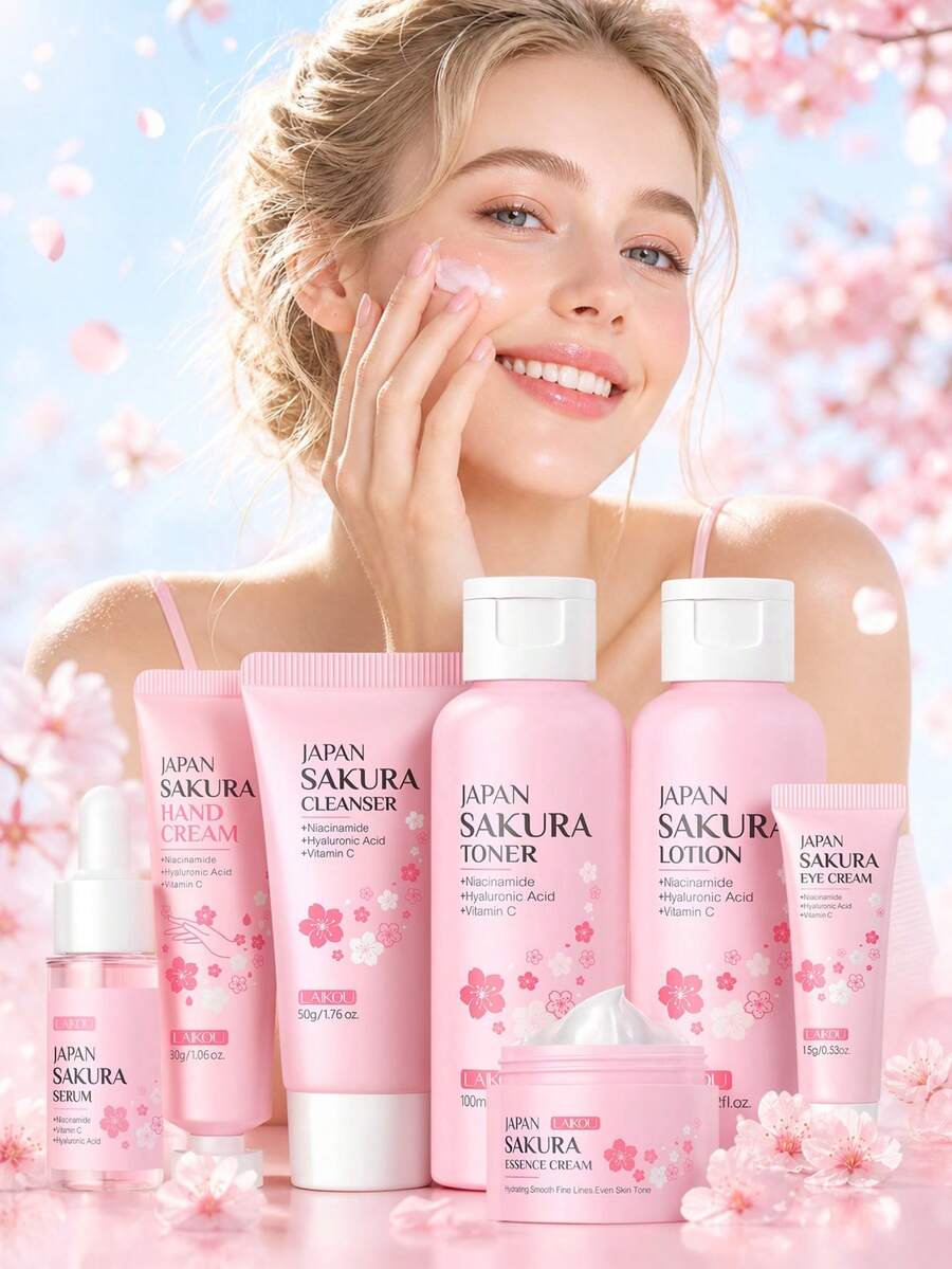 LAIKOU 日式櫻花保濕護膚禮盒 (50g 洗面乳、100ml 化妝水、100ml 乳液、17ml 精華液、25g 精華霜、15g 眼霜、30g 手霜) 面部護膚套組 - 7件組護手霜 - 查看 1