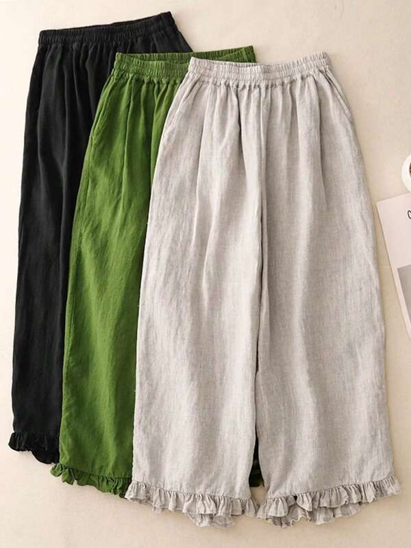 Women Linen Ruffle Hem Cropped Wide Leg Pants, Elastic Waist Loose Casual Culottes, Solid Color Lightweight Summer Trousers