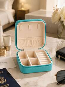 1pc Portable Small Jewelry Storage Box With Zipper And Soft Velvet Lining, Ring Holder, Earring Necklace Bracelet Organizer, Compact Jewelry Box, Fits In Handbag, Perfect For Vacation, Birthday And Christmas Gift - Multicolor - View 7