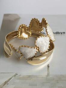 Women 2Pcs Stackable Bracelets Sets High Street Fashion Wide Ribbon Shape Stainless Steel Cuff Bangle Chunky Open Cuff Adjustable Wrist Jewelry Hot - Gold - View 2