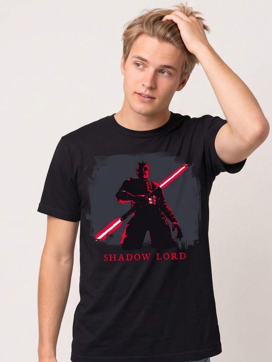 Maglietta estiva Off Campus da uomo nera, streetwear Y2K, merchandise cinematografico, stampa Darth Maul che guarda il basso, unisex uomo donna, maniche corte - nero - Visualizzare 1