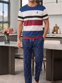 Men's Pajama Set, Contrast Stripe Short Sleeve + Lightning Print Long Pants, 2 Pieces Loungewear - Multicolor - View 3