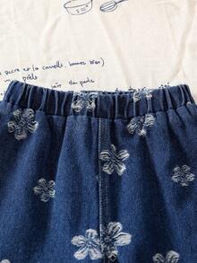 Koreansk stil babyflicka blommig denimoutfit, dubbellagers volang Peter Pan-krage långärmad blus, matchande mönstrade mjuka raka vida benbyxor, 2-delat set för utflykter - Marinblå - Visa 8