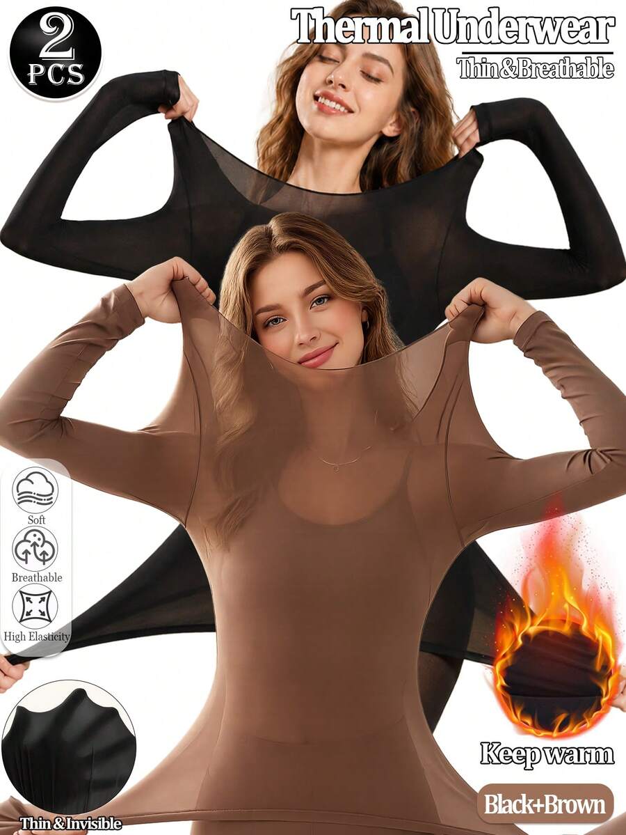 2件装女士无缝黑色上衣，超薄纯色保暖内衣，舒适长袖圆领无缝打底衫，修身高弹米色打底衫，透明上衣，休闲纯色轻薄保暖，适合秋冬季节，轻薄基础打底衫，时尚日常穿着，内衣睡衣 - 彩色 - 查看 1