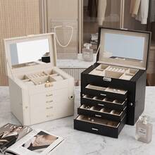 SONGMICS 6-Tier Jewelry Box With 5 Drawers, Large Capacity Storage, With Mirror, Lockable, Jewelry Organizer, Gift For Loved Ones, Can Store Earrings, Rings, Necklaces, Watches, White, Black, Grey ,Room Decor - Multicolor - View 4