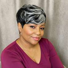 AMECIRE Elegant Short White Highlights Pixie Cut Wig Mixed Colors 100% Human Hair Wig With Bangs For Women Easy To Wear Perfect For Everyday & Cosplay & Parties & Music Festival - Multicolor - View 5