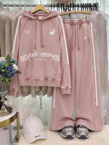 Damset med 2 delar: lös raglanrandig hoodie sweatshirt och draperade vida mjukisbyxor, höst - Rosa - Visa 3
