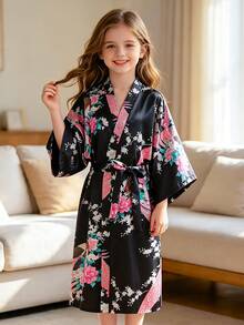 Young Girl Black Print Mid-Sleeve Long Robe - Multicolor - View 2