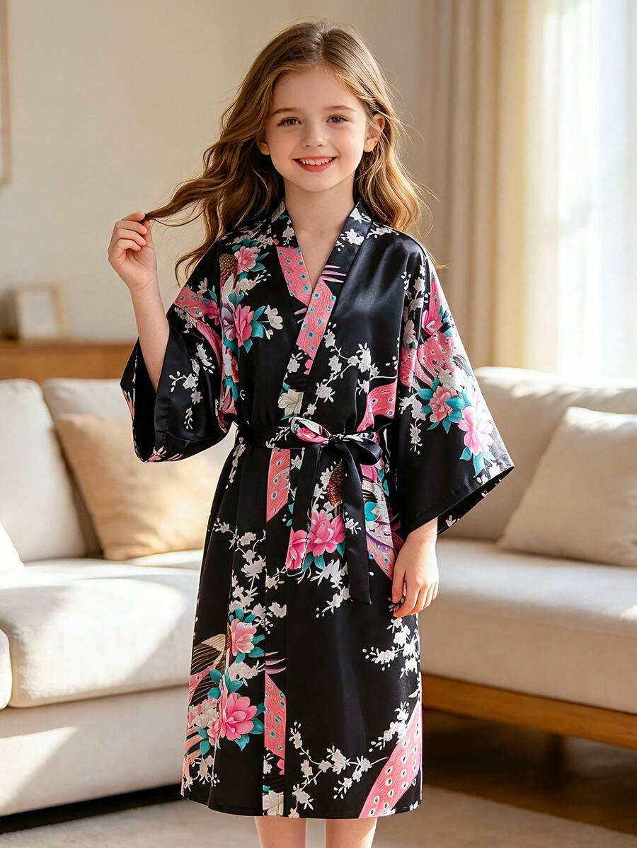 Young Girl Black Print Mid-Sleeve Long Robe