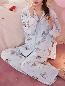 Gongdie 2 Potong Set Piyama Wanita Snoopy, Pakaian Santai Musim Semi/Musim Gugur Warna Biru Muda Lembut Bertekstur, Motif Kartun dan Bintang - Baby Blue - View 4