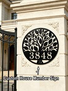 3 Sizes Available! Personalized Tree Of Life Metal Sign, Custom Number Address Plaque, Wall-Mounted Metal Wall Art Home Decor For Front Door, Porch, Yard - Black - View 1