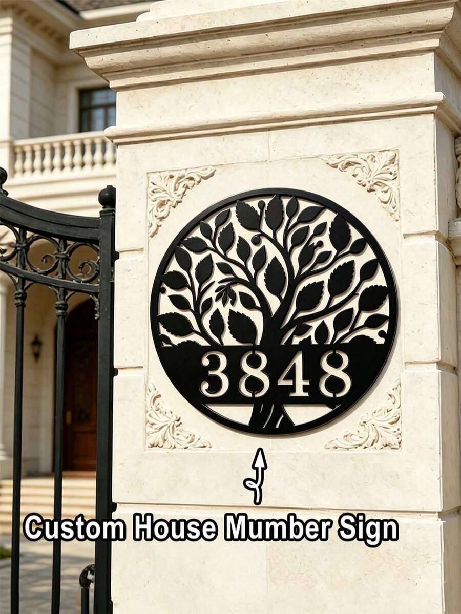 3 Sizes Available! Personalized Tree Of Life Metal Sign, Custom Number Address Plaque, Wall-Mounted Metal Wall Art Home Decor For Front Door, Porch, Yard - Black - View 1