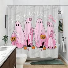 1pc Light Pink Ghost Halloween Shower Curtain - Suitable For Bathroom Decor, Bathroom Curtain - Easy To Clean, Exquisite Home Decor, Bathroom Partition Curtain, Decorative Shower Curtain, Bathroom Accessories Home Decor Gift - Includes 12 Hooks - Multicolor - View 6