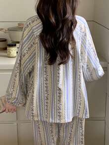 2pcs/Set Women's Pajamas Spring/Autumn Long Sleeve Long Pants Skin-Friendly Home Wear Floral Print Pullover Set - Multicolor - View 9