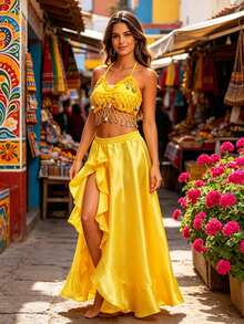 V Neck Halter Multi-Layer Coin Pendant Crop Top Glossy Satin Asymmetric Side Slit Dance Maxi Skirt (Multiple Colors Available) - Multicolor - View 10