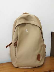 Dedoo Solid Color Canvas Zipper Large Capacity Multi-Pocket Lightweight Student Backpack, Suitable For Back To School Season Campus Travel, Applicable To Students And Teenagers, Random Letter - Khaki - View 6