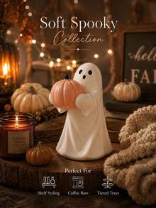 1Pc Cute Pumpkin Ghost Figurine, Autumn Bookshelf Ornament, Soft Spooky Home Decor For Coffee Bar, Tiered Tray & Fireplace Display - Multicolor - View 9