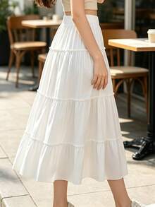 1PC Versatile Soft Mid-Calf A-Line Loose Fit Skirt, Flattering For All Leg Types White - White - View 5