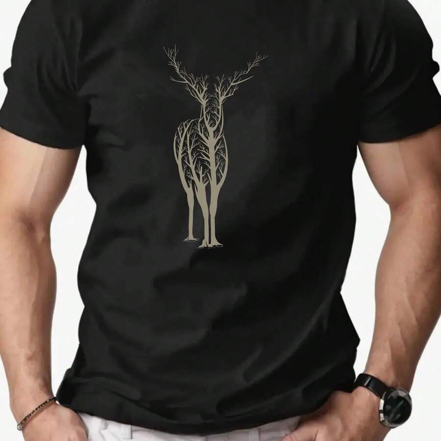 Men's Summer Casual Deer Pattern Short Sleeve T-Shirt, Comfortable And Breathable For Daily Wear, Men's Clothing - 黑色 - 查看 1