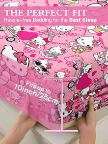 Sanrio 2/3pcs Hello Kitty Bedding Set, Cute Cartoon Print Bedding, Mattress Protector, Bed Cover, Bed Sheet, Comfortable Home Textile, Breathable Anti-Pilling Mattress Protector, Home Decor, Suitable For All Bed Sizes - Double, Full, Queen, King, All Seasons, Dust-Proof Bed Cover, Machine Washable - Fashionable Rose Red KT - View 4