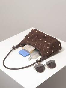 (隨機圖案) 肩背包、復古包、麂皮包、金屬鉚釘、棕色包、女性通勤包、旅行必需品、優雅女性錢包、禮物、日常使用、百搭 - 巧克力棕 - 查看 7