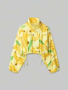 Jaket Kemeja Wanita YROOE Musim Gugur/Dingin Motif Pisang Kuning Kerah Tegak Lengan Panjang Mengembang Tali Serut Samping Model Pendek Longgar - MultiWarna - View 2