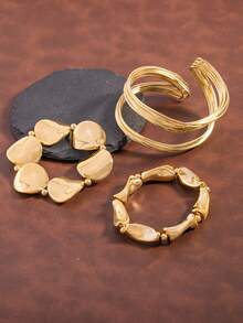 3pcs Exaggerated Geometric Metal Open Bangle Bracelet Set, Asymmetrical Design, Fashionable Elegant - Gold - View 4