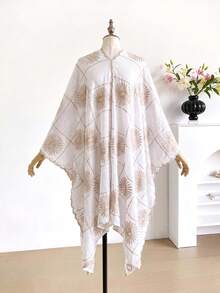 1件式優雅花卉刺繡開襟和服式圍巾/沙龍披肩女款，春夏波希米亞風海灘罩衫，防曬裝飾刺繡開襟衫，適合日常穿著，送禮首選 - 白色 - 查看 4