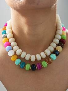 2/1pc Casual Fashion Chunky Acrylic Dopamine Colorful Beaded Necklace Set, Geometric Pattern Round Collarbone Multi-Layer Necklace Set, Women's Daily Wear, Dating, Bohemian Style, Party, Summer Beach Vacation, Perfect Birthday, Best Friend, Halloween, Christmas Gift (Slight Color Difference Under Different Lighting) - Multi-color + White - View 3