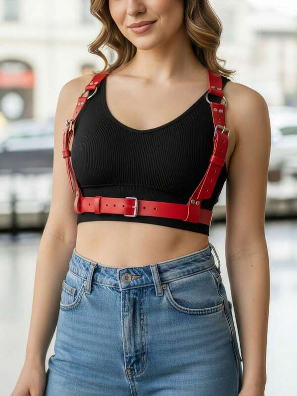 1pc Women's Red Punk Style Adjustable PU Leather Double Shoulder Chest Harness, Suitable For Music Festival Outfit Accessory