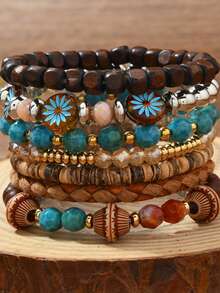 7pcs Set Beaded Bracelets, Bohemian Style Girl's Stackable Bangles - one-size - View 2