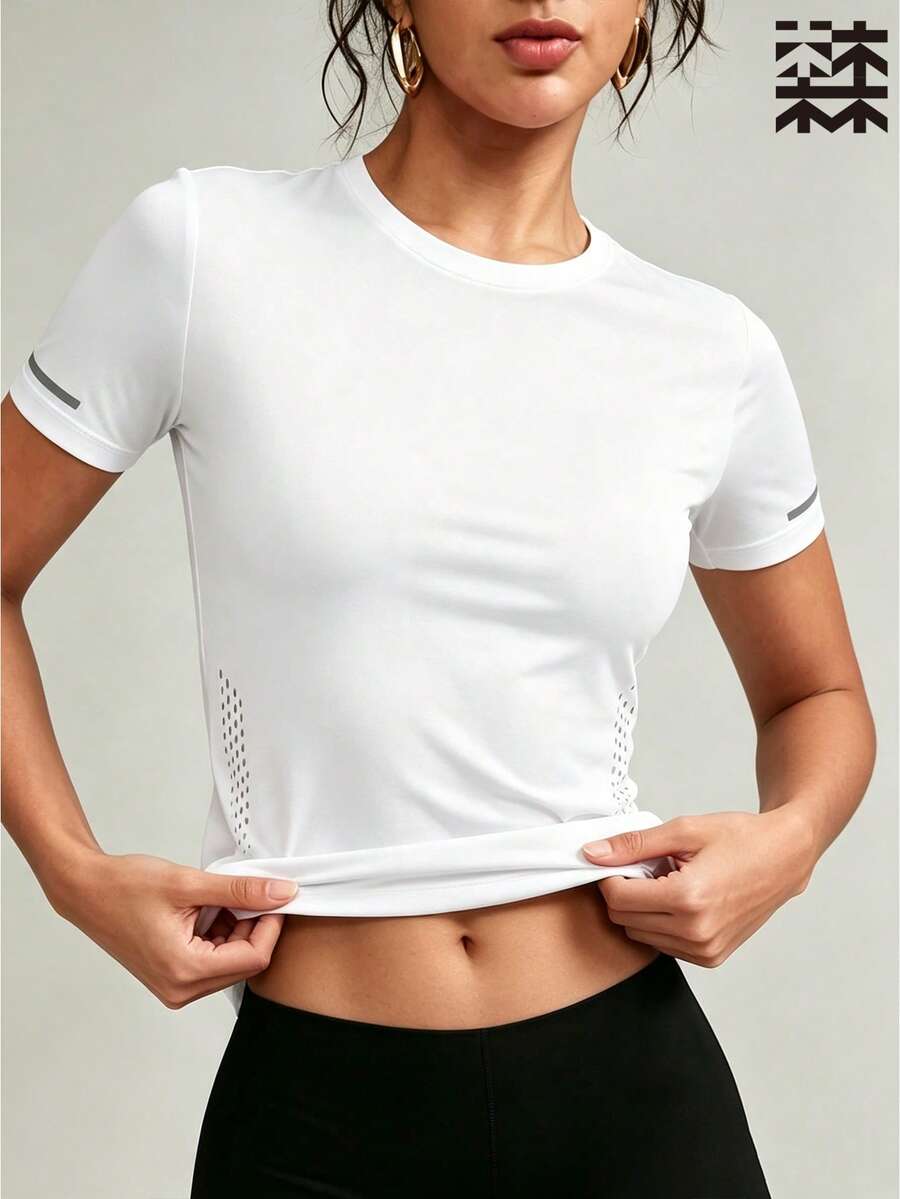 mulinsen Women's Slim Fit Quick-Dry Sports T-Shirt, Round Neck Dotted Print Fitness Running Short Sleeve Top - White - View 1