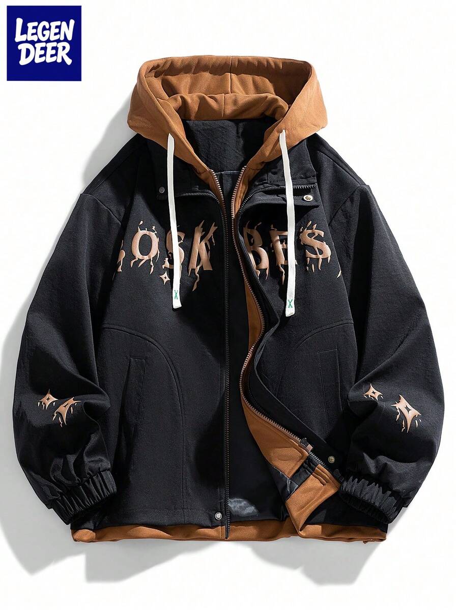 Chaqueta con capucha con estampado de letras para hombres, look de dos piezas a la moda, otoño/invierno - Negro - Ver 1